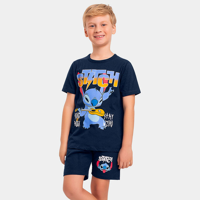 Conjunto infantil camiseta meia malha e bermuda moletinho Stitch