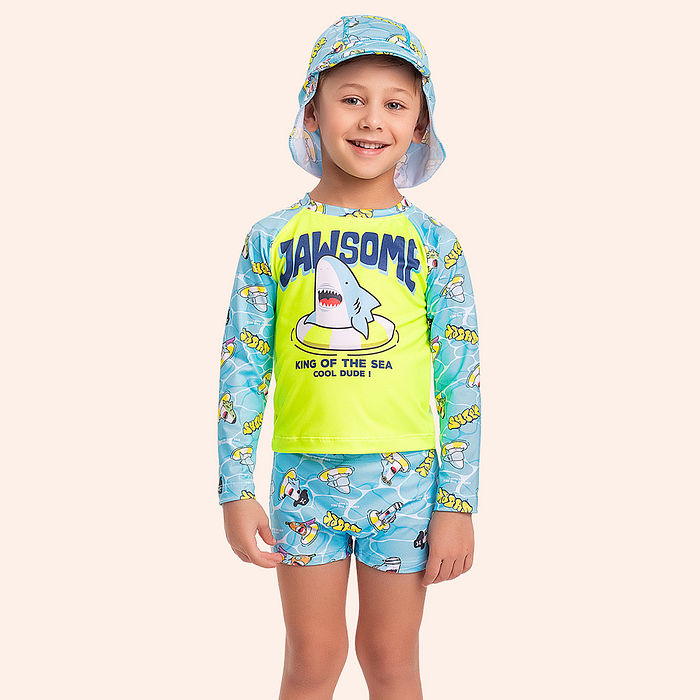 Conjunto infantil camiseta manga longa sunga boxer e chapéu com proteção uv