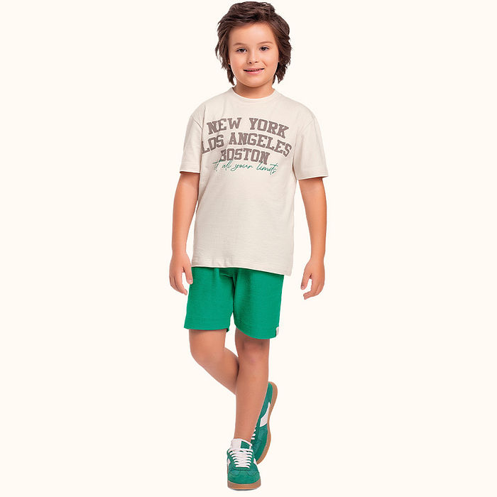 Conjunto camiseta em meia malha e bermuda em moletinho com bolso funcional new york