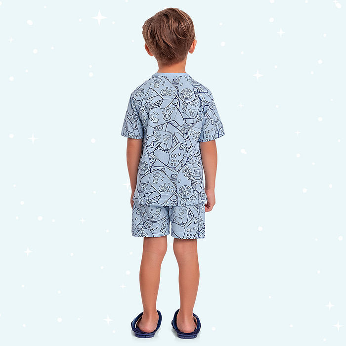 Conjunto pijama infantil camiseta e bermuda estampa game brilha no escuro