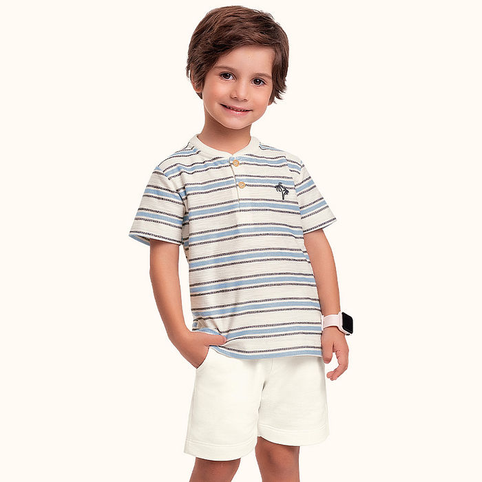 Conjunto camisa gola padre em meia malha fio tinto flamê com bordado e bermuda em moletinho