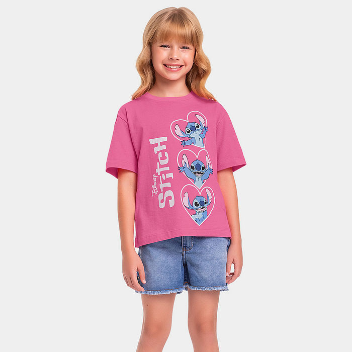 Blusa infantil Stitch corações glitter