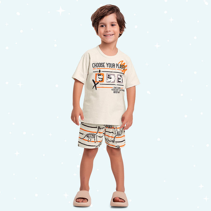 Conjunto pijama infantil camiseta e bermuda dinos brilha no escuro