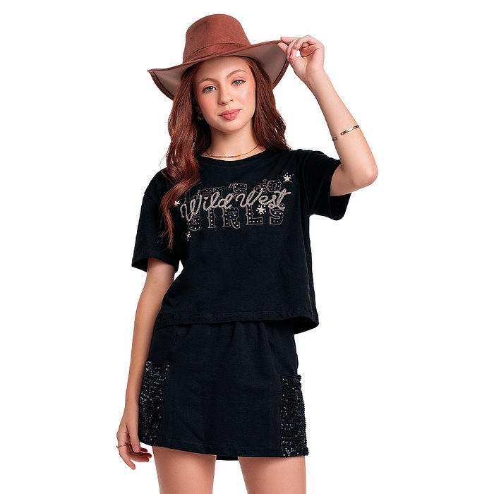 Conjunto juvenil blusa e saia com strass e lantejoula