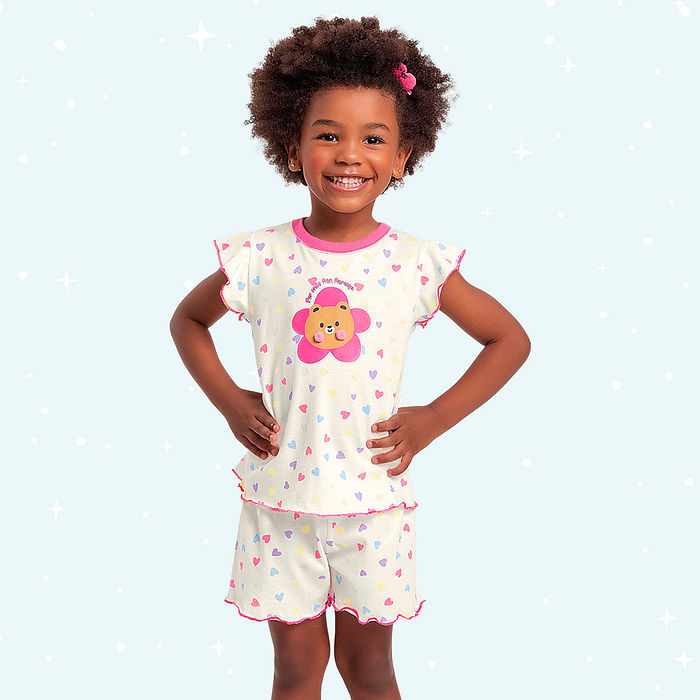 Conjunto pijama infantil blusa e short corações pom pom brilha no escuro