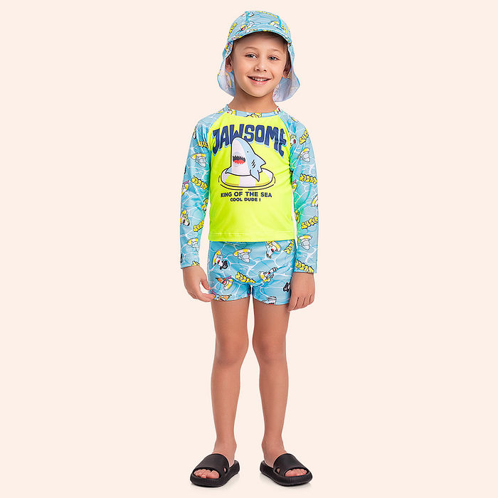 Conjunto infantil camiseta manga longa sunga boxer e chapéu com proteção uv