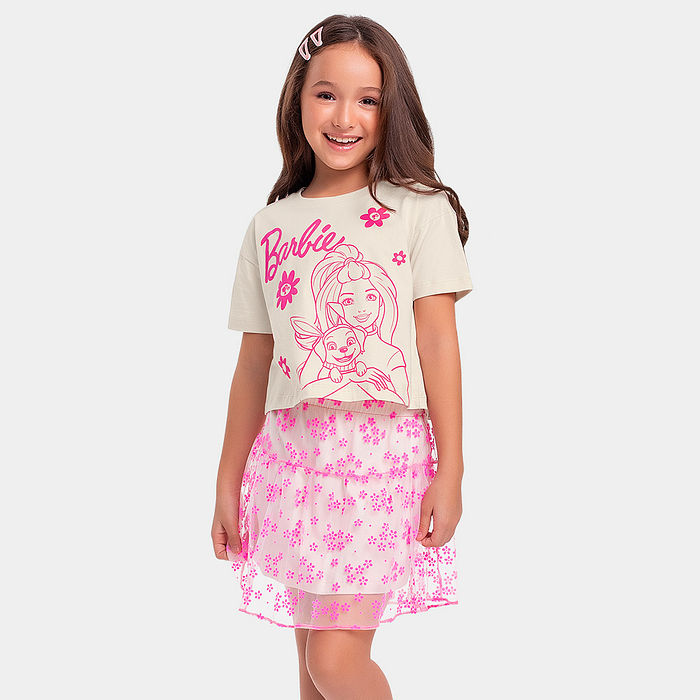Conjunto blusa e saia em tecido tule flocking Barbie