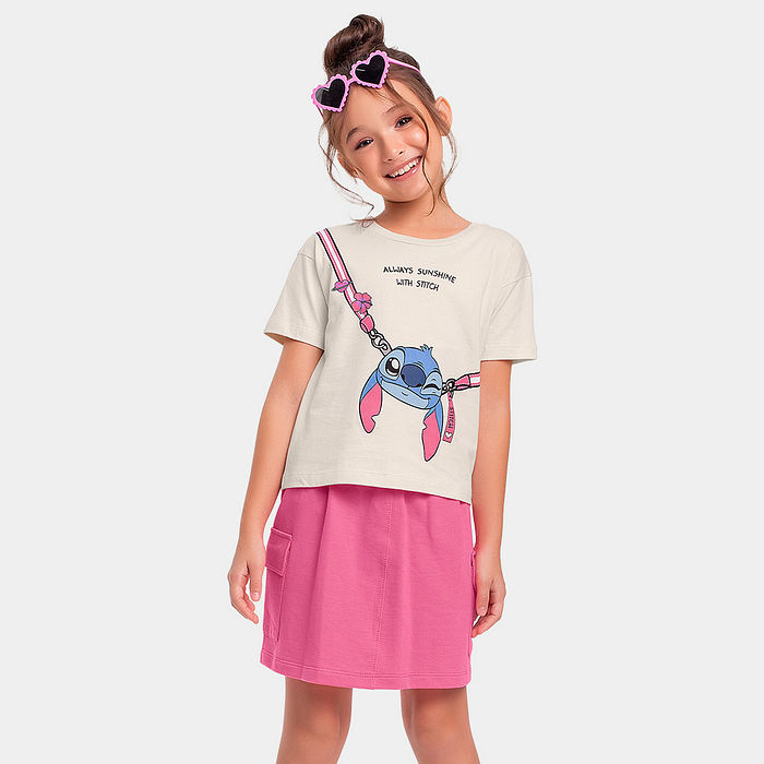 Conjunto infantil blusa e short saia Stitch com brilho