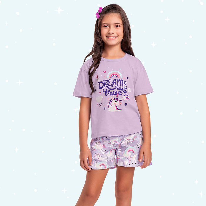 Conjunto pijama infantil blusa e short unicórnio brilha no escuro