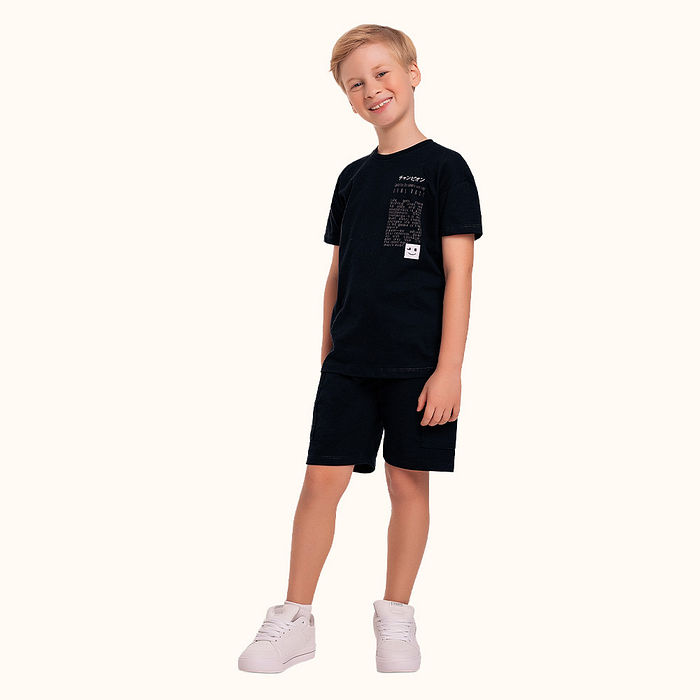 Conjunto camiseta em meia malha e bermuda em moletinho Emoji