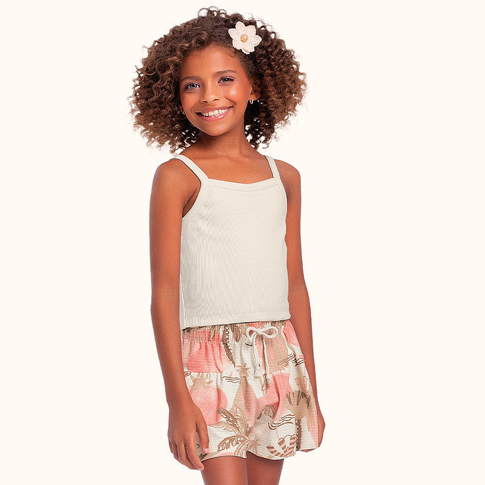 Conjunto blusa em ribana e short em malha florence com cadarço decorativo