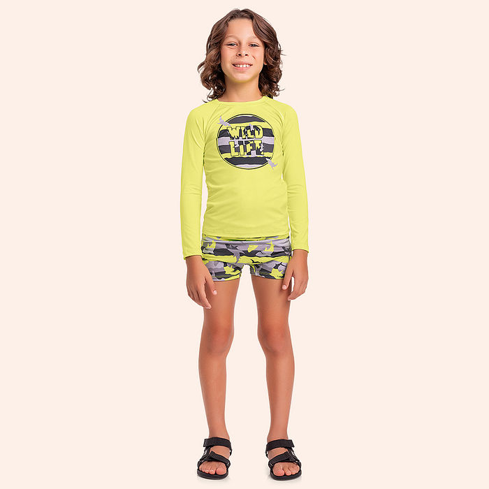 Conjunto infantil camiseta manga longa e sunga boxer com proteção uv