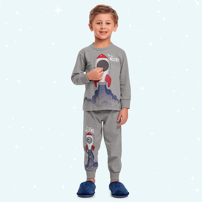 Conjunto pijama camiseta manga longa e calça foguete com aplique interativo