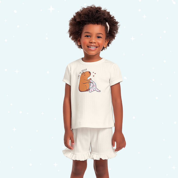 Conjunto pijama infantil blusa e short capivara brilha no escuro