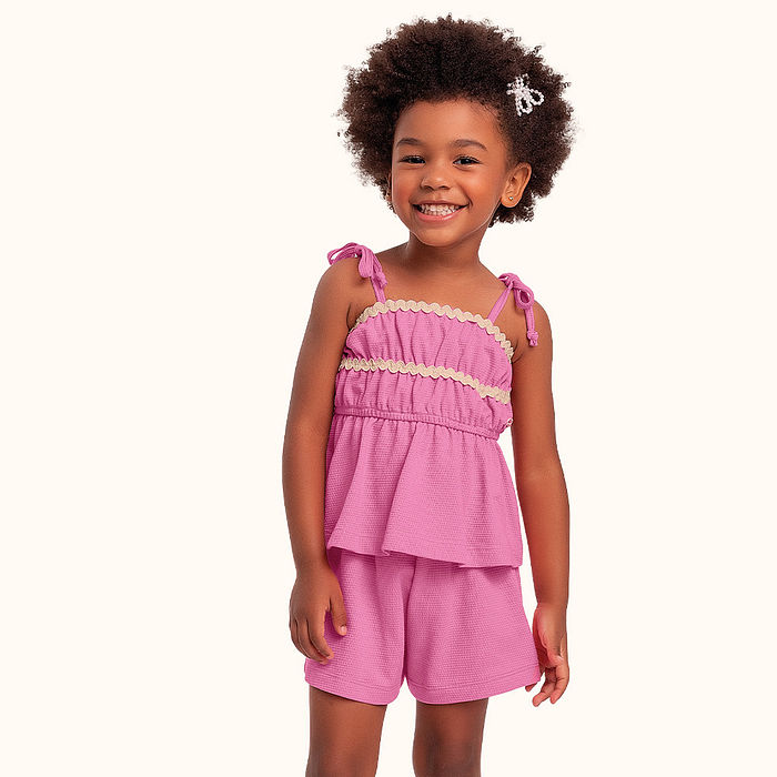 Conjunto blusa de alcinha e short saia em malha favo