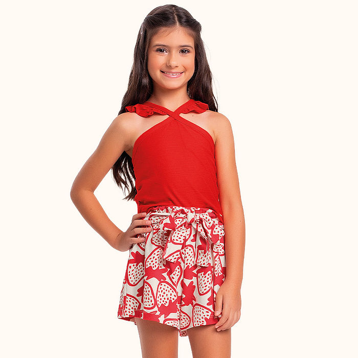 Conjunto regata cropped em cotton flamê e short em cotton leve com amarração decorativa morango