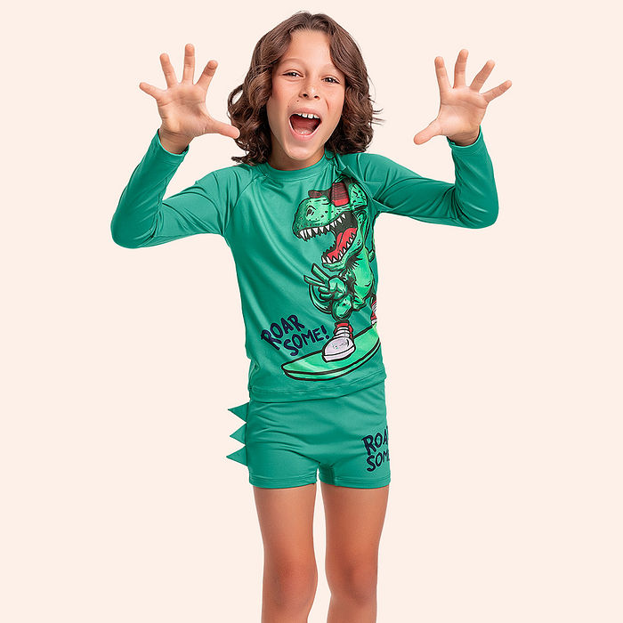 Conjunto infantil camiseta manga longa e sunga boxer com proteção uv