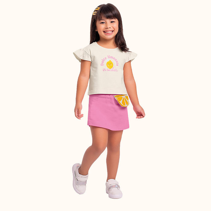 Conjunto blusa e short saia com pochete limonada