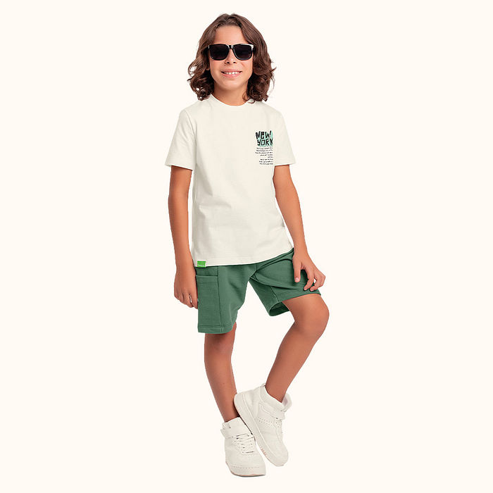 Conjunto camiseta New York em meia malha e bermuda em moletinho