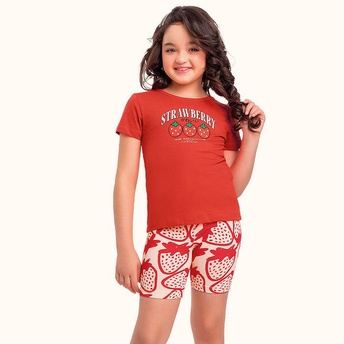 Conjunto blusa em meia malha e bermuda ciclista em cotton morango