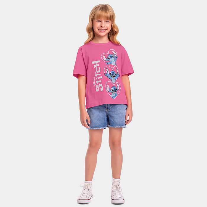 Blusa infantil Stitch corações glitter