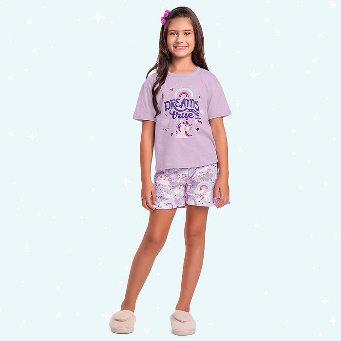 Conjunto pijama infantil blusa e short unicórnio brilha no escuro