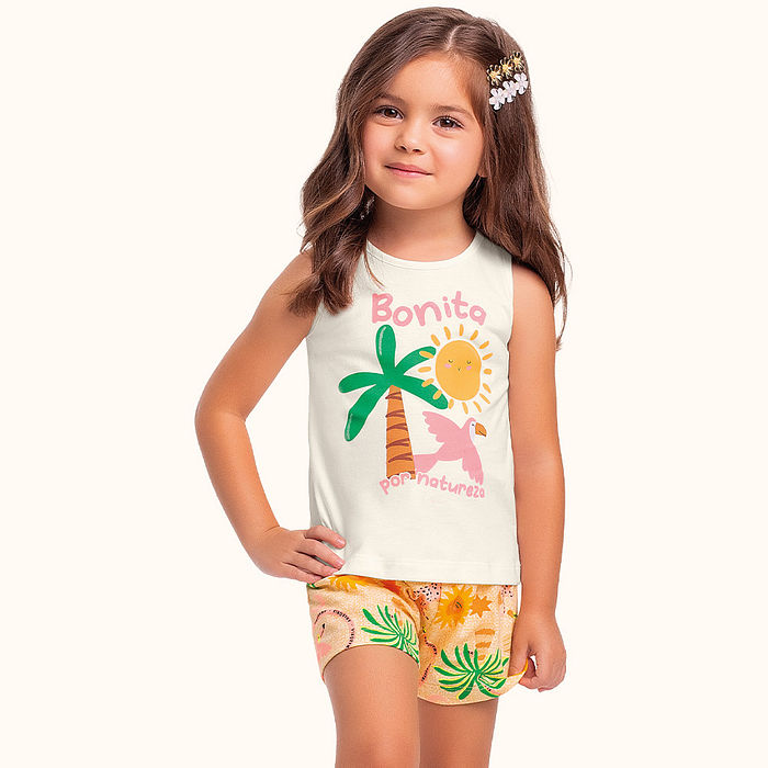 Conjunto regata/short estampa tropical em meia malha