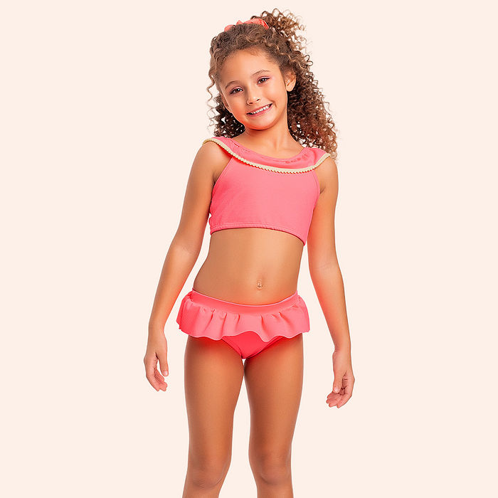 Conjunto biquini infantil babados e pompom