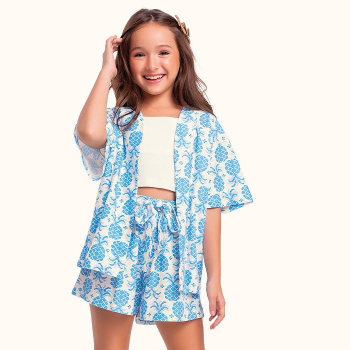 Conjunto kimono, short e top estampa abacaxi