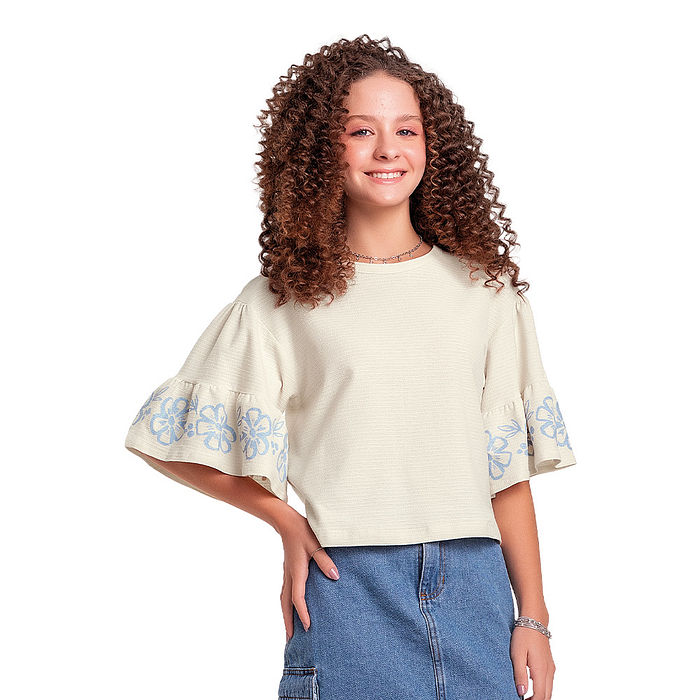 Blusa infantil manga com babado estampa floral glitter