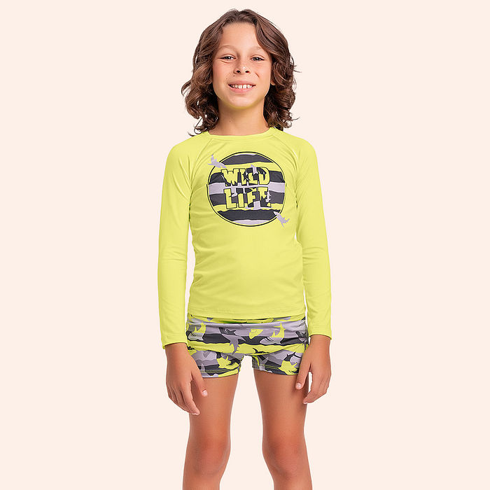 Conjunto infantil camiseta manga longa e sunga boxer com proteção uv