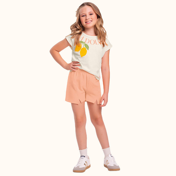 Conjunto blusa em meia malha e short em moletinho limonada strass