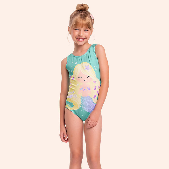 Maiô infantil estampa sereia com proteção uv