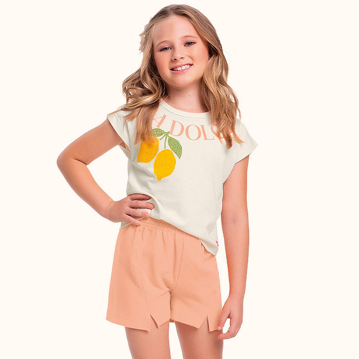 Conjunto blusa em meia malha e short em moletinho limonada strass