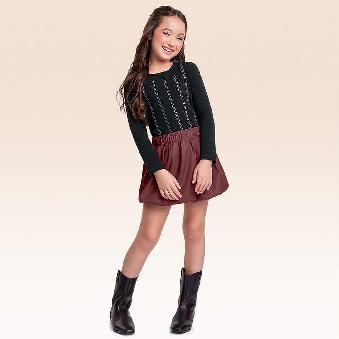 Conjunto blusa manga longa e saia balonê