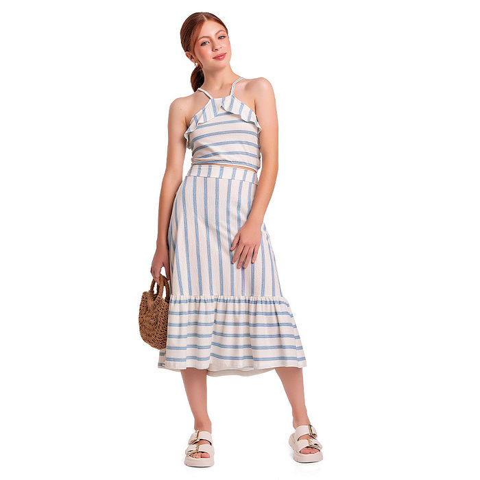 Conjunto juvenil menina top cropped e saia midi listrada