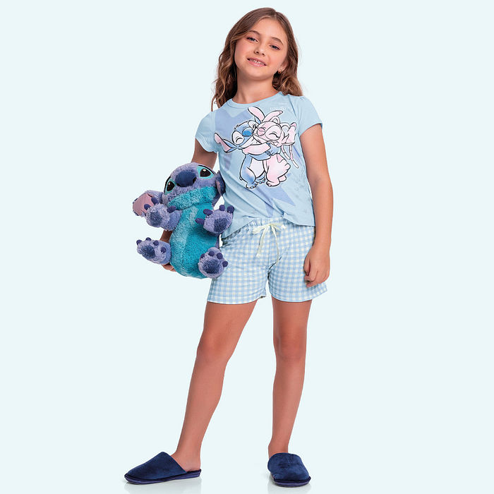 Conjunto pijama blusa e short xadrez com laço Stitch