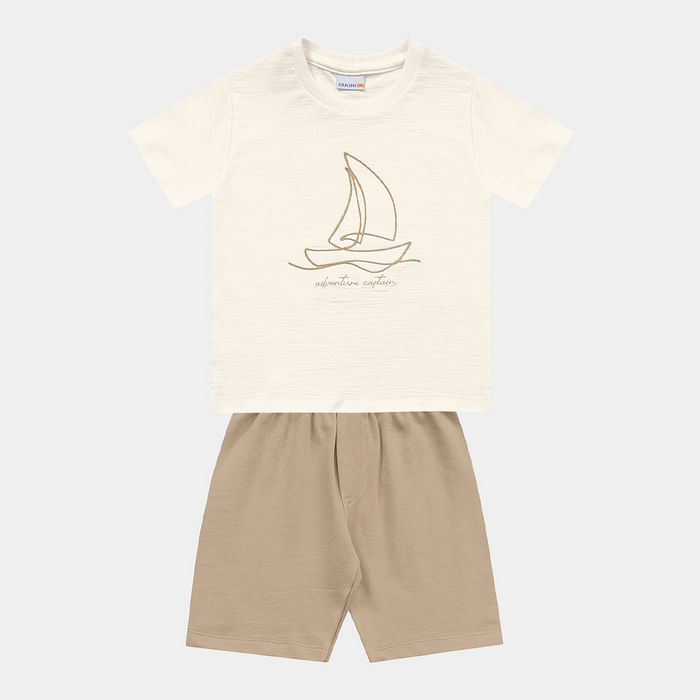 Conjunto camiseta bordada de barco à vela em malha flamê e bermuda moletinho