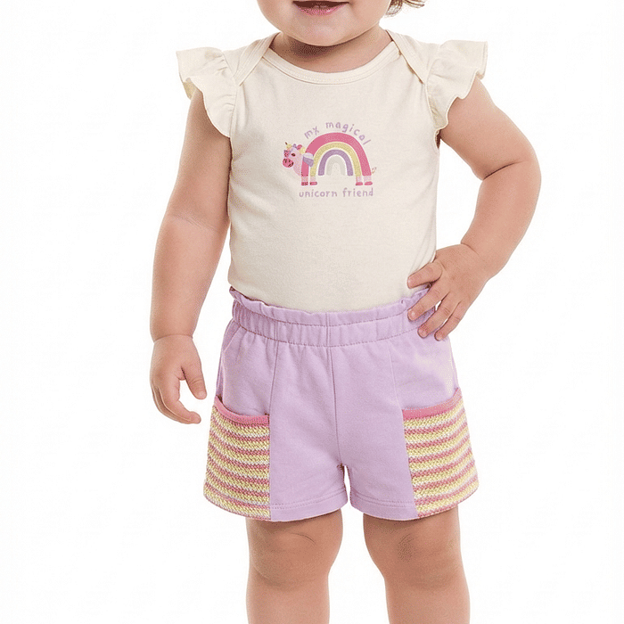 Conjunto body manga curta e short com botão de pressão