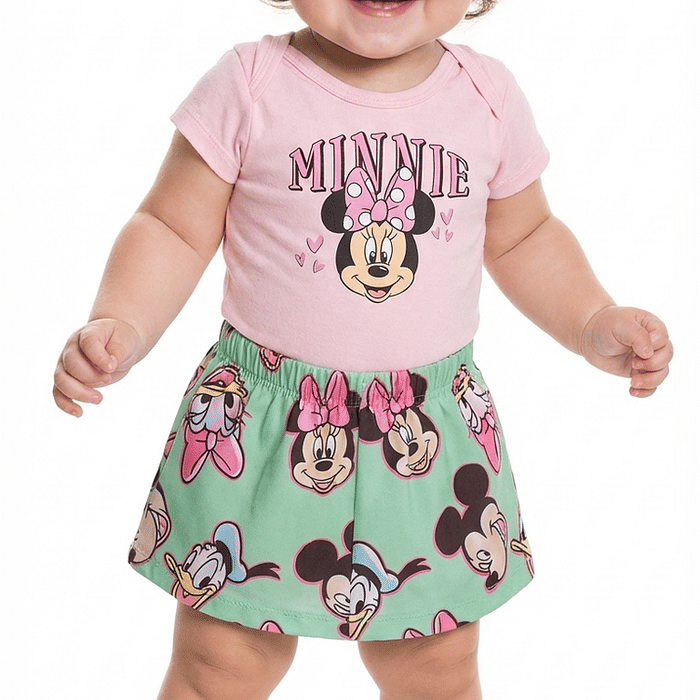Conjunto body manga curta em suedine e short-saia em cotton leve Minnie