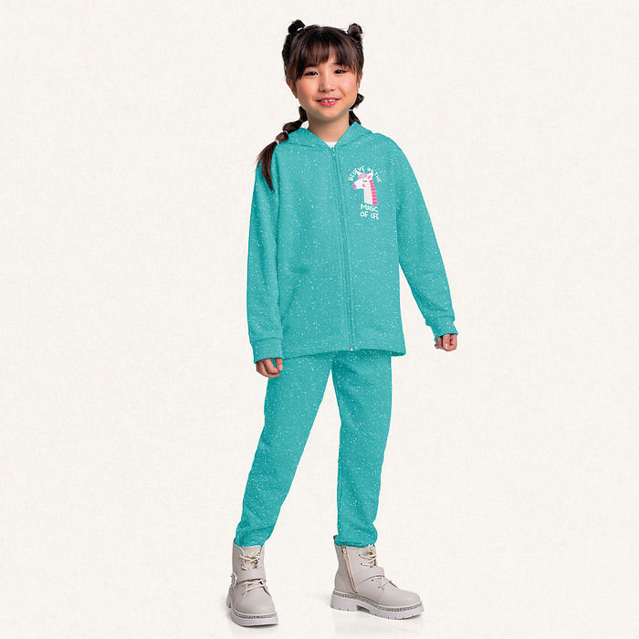 Conjunto jaqueta com capuz e calça em moletom molinê unicórnio