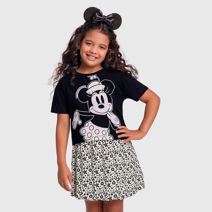 Conjunto blusa e short-saia balonê da Minnie e elástico roliço com ponteira reguladora