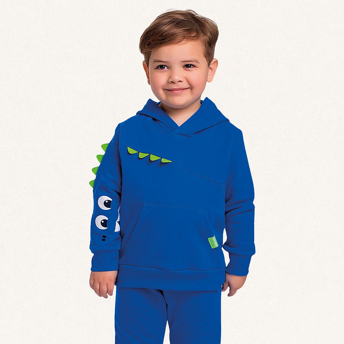 Conjunto blusão com capuz e calça em moletom dino