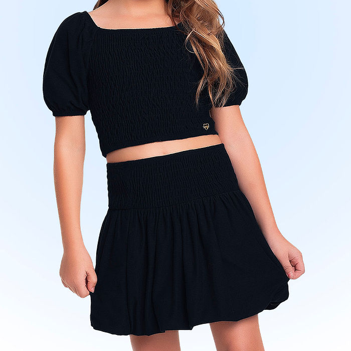 Conjunto blusa e short-saia em cotton flamê