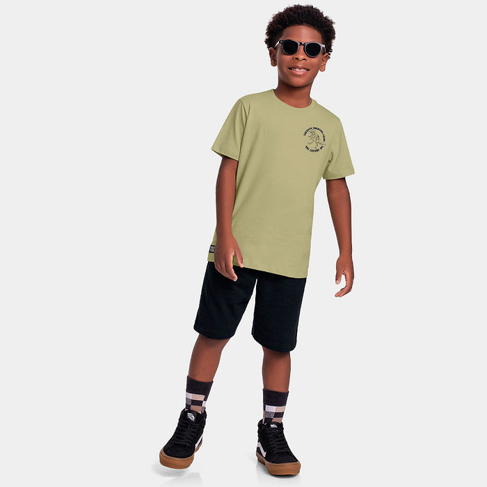 Conjunto camiseta com estampa de dinossauro e bermuda moletinho lótus com bolso