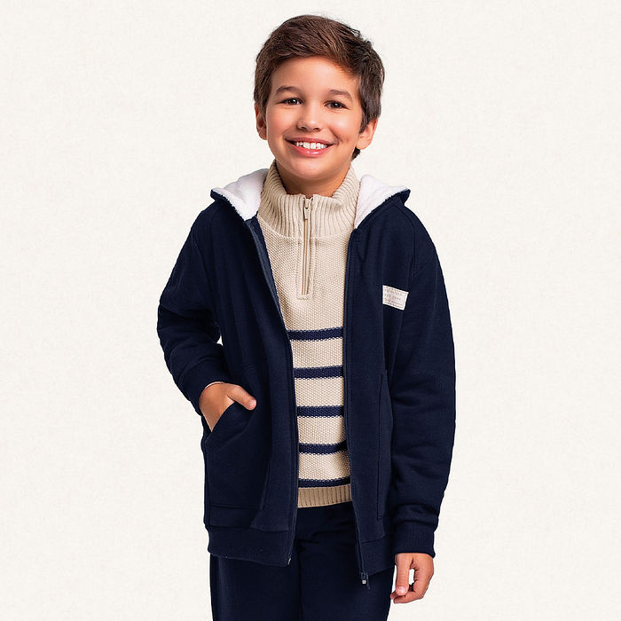 Conjunto jaqueta com capuz forro fleece e calça em moletom