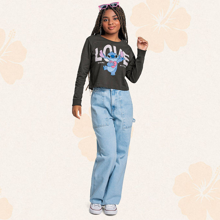 Blusa manga longa em meia malha Lilo & Stitch love
