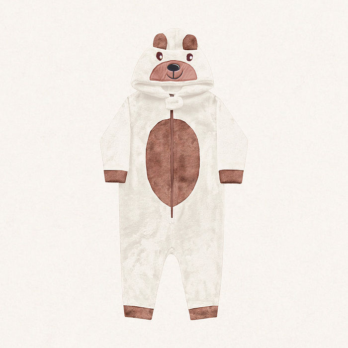 Macacão manga longa com capuz em tecido fleece urso