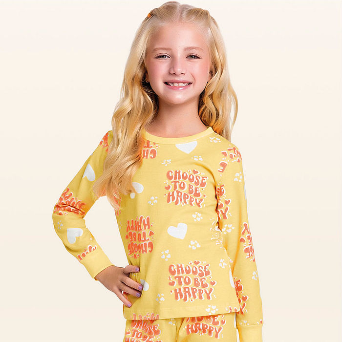 Conjunto pijama blusa manga longa e calça happy