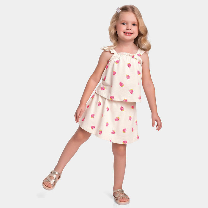 Conjunto bata e short-saia de frutas